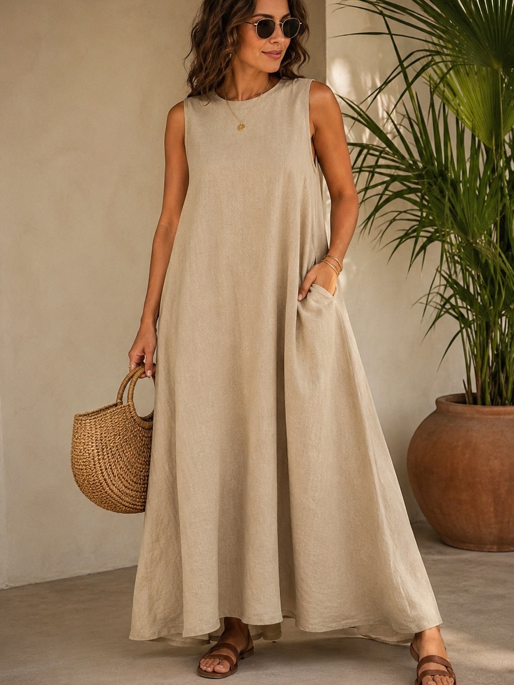CHARTOU Cotton Linen Blend Maxi Dress Khaki Beige NWT